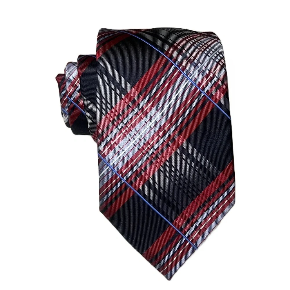 Alexander Julian Handmade Tartan Plaid Designer‎ Tie Black Red Necktie